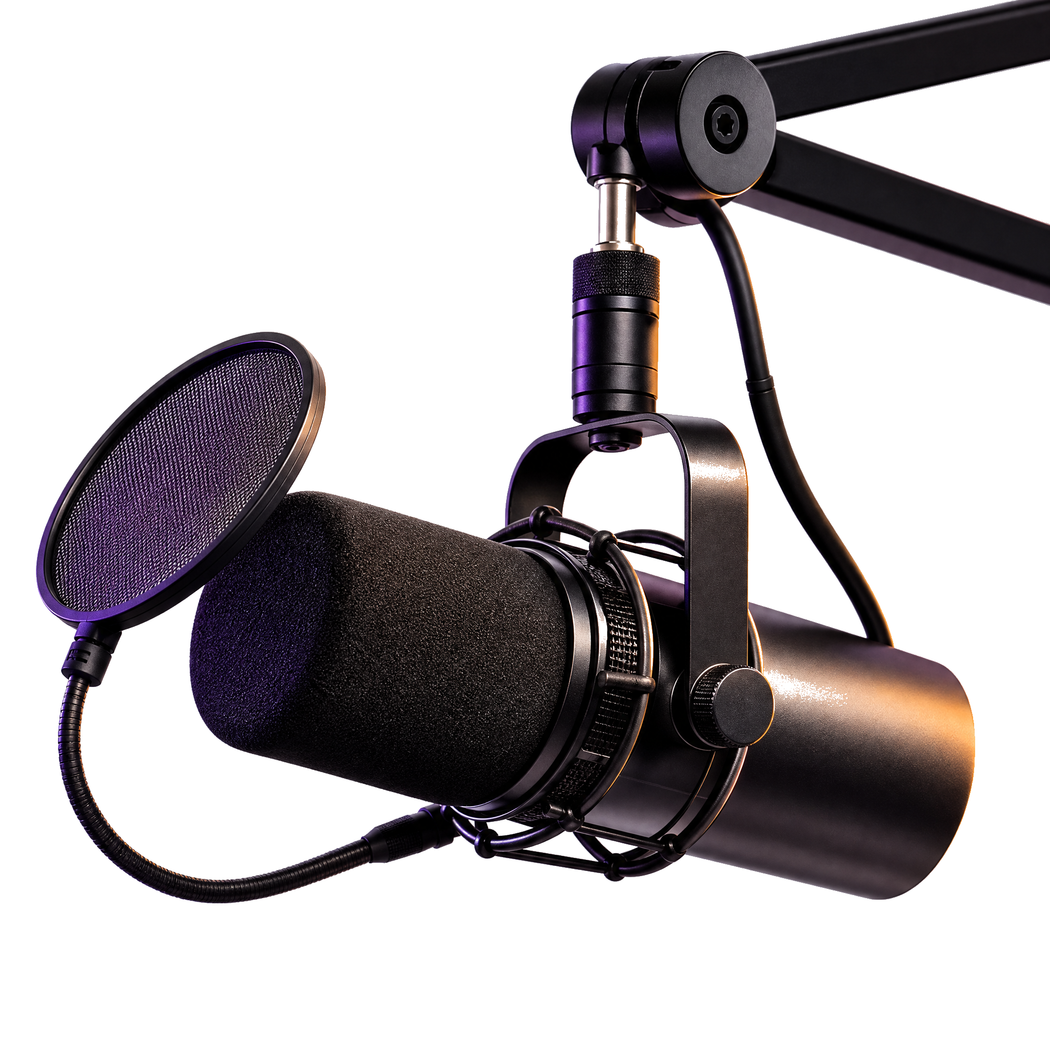 Studio broadcast microphone on a boom arm